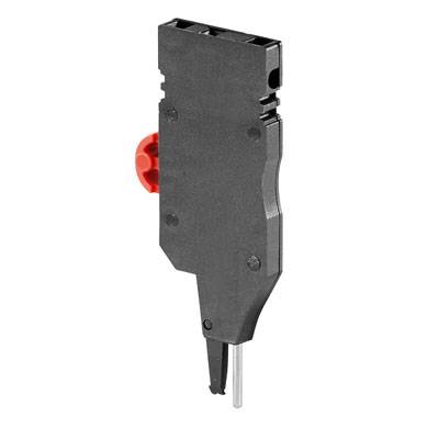 Ein schwarzer elektrischer Steckverbinder mit rotem Element, Seitensicht.