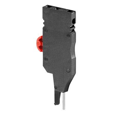 Ein schwarzer Endschalter in rechteckiger Form mit rotem Knopf, oft in Maschinen zur Positionsdetektion verwendet.