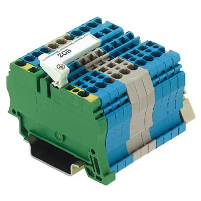 Ein grüner, elektrischer Klemmenblock mit blauen und grauen Steckverbindungen und der Aufschrift 'ZGB'. Geeignet für Verdrahtungen.