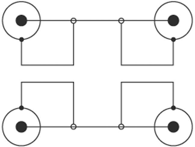 Schaltkreisschema zeigt vier schwarze Punkte, die durch Linien verbunden sind, mit zwei parallelen Kreisen oben und unten.