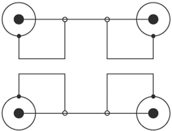 Ein Diagramm zeigt zwei parallele Schaltkreise mit jeweils zwei Knotenpunkten, die durch Linien verbunden sind.