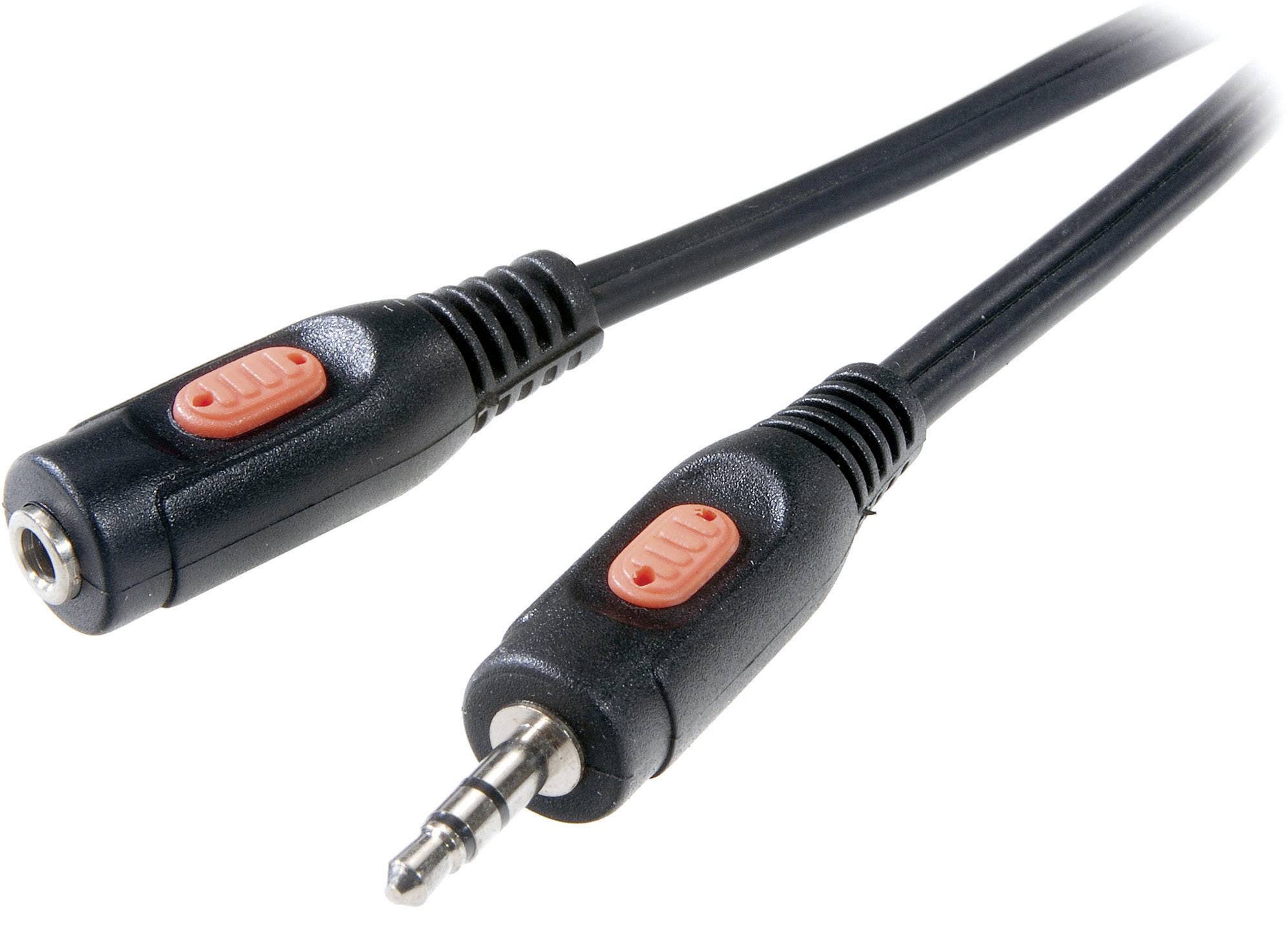 Klinkenkabel, männlicher Stecker und weibliche Buchse, schwarz mit rotem Detail, zur Audioverbindung genutzt.