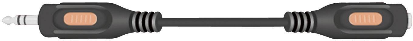 Schwarzes Audiokabel mit zwei orangefarbenen Steckern an den Enden, geeignet für Verbindung von Audio-Geräten.