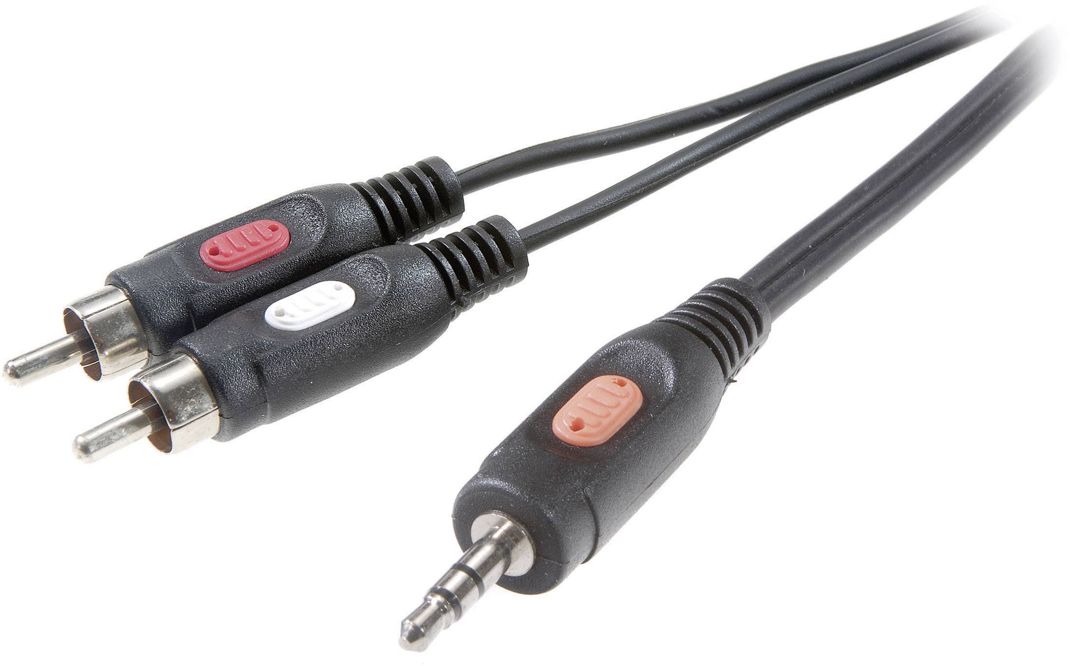Ein 3,5-mm-Klinkenstecker-Kabel mit zwei RCA-Steckern, jeweils in Rot und Weiß, für Audioverbindungen.