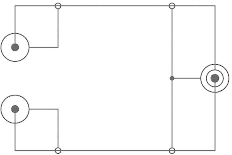 Elektrischer Schaltplan mit verbundenen Kreisen und Linien. Zeigt Verbindungspunkte und Stromflusspfade in einem Schaltsystem.