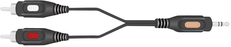 Ein Y-Audiokabel mit einem 3,5-mm-Stecker, der sich in zwei Cinch-Stecker aufteilt, einen rot, einen weiß.
