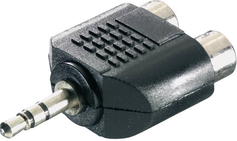 Ein schwarzer Audioadapter mit einem 3,5-mm-Stereo-Stecker und zwei Cinch-Buchsen.