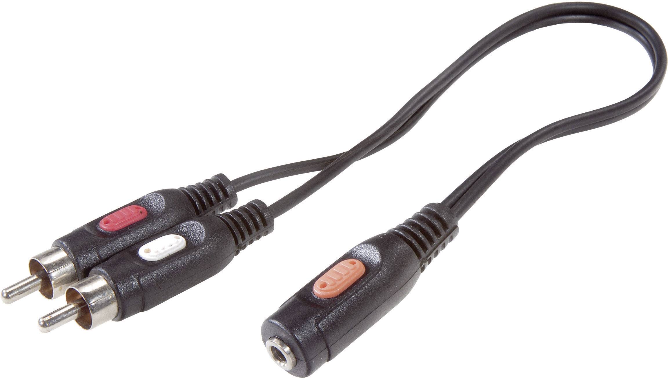 Dreiadriges Audiokabel mit zwei RCA-Steckern in Rot und Weiß und einem 3,5-mm-Klinkenbuchsenadapter.