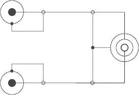 Diagramm einer elektrotechnischen Schaltung mit zwei verbundenen Kreisen und Linien, die logische Pfade darstellen.