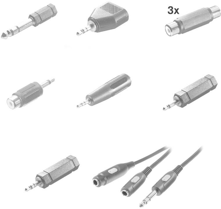 Verschiedene Audiostecker, Adapter und Kabel abgebildet, darunter 6,3 mm Klinke, Cinch-Anschluss und 3,5 mm Klinke.
