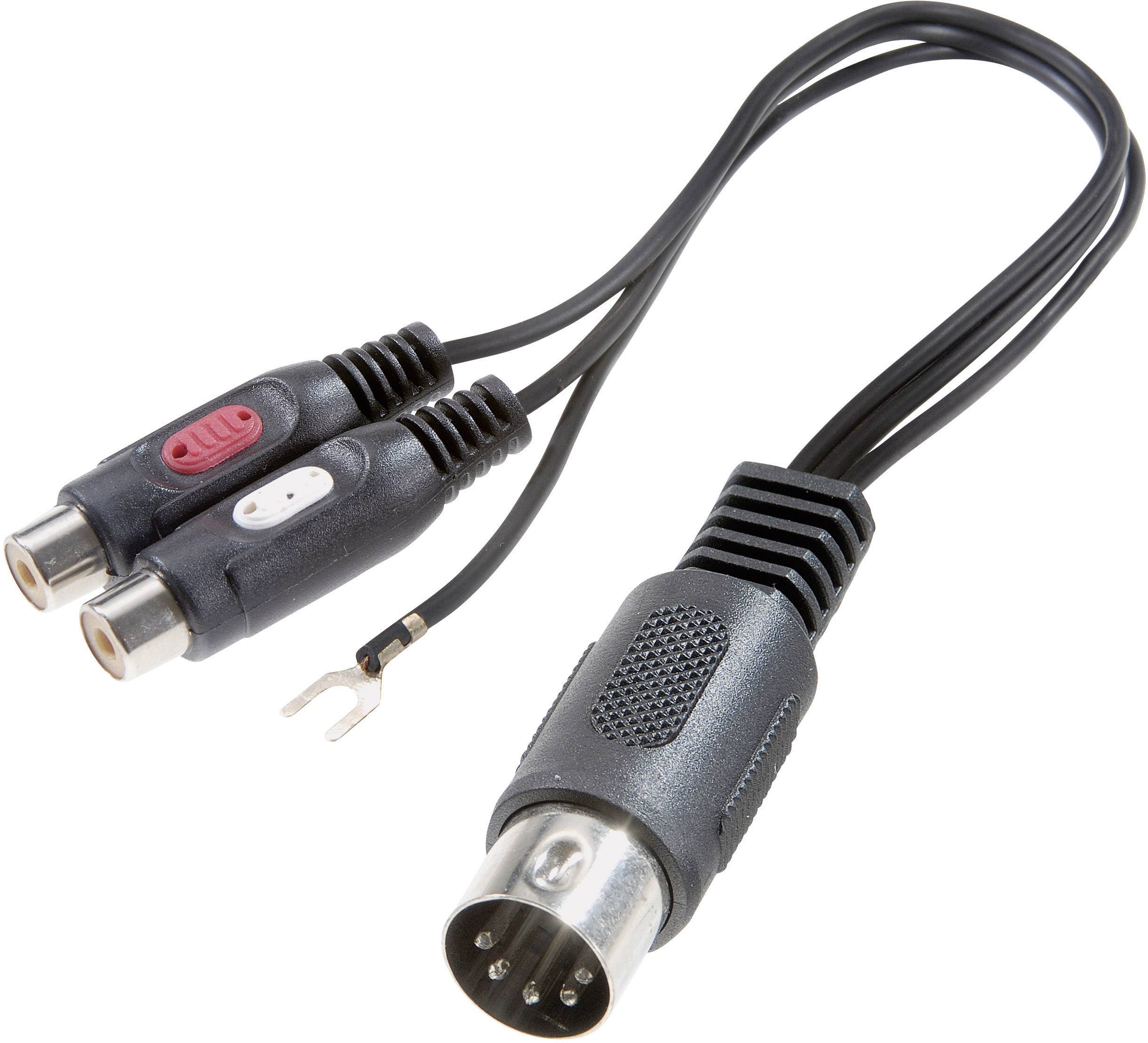 Adapterkabel mit einem 5-poligen DIN-Stecker auf zwei RCA-Buchsen mit einer Erdungsschlaufe.