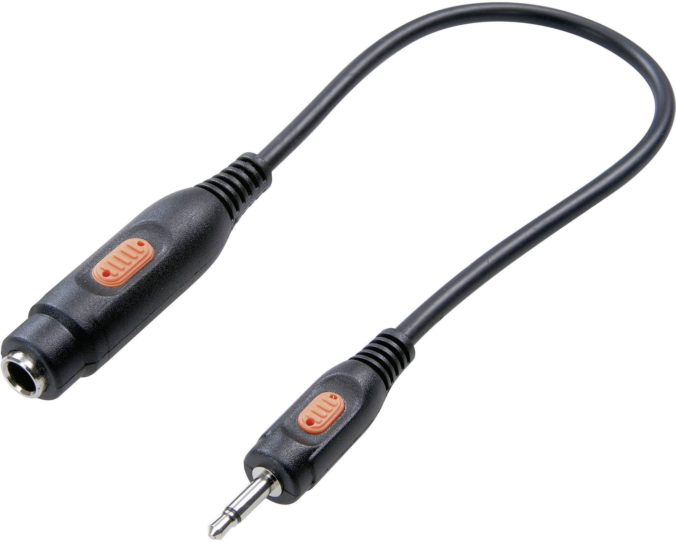 Schwarzes Audiokabel mit 3,5-mm-Klinkenstecker auf der einen und Klinkenbuchse auf der anderen Seite, beide mit orangefarbenen Markierungen.