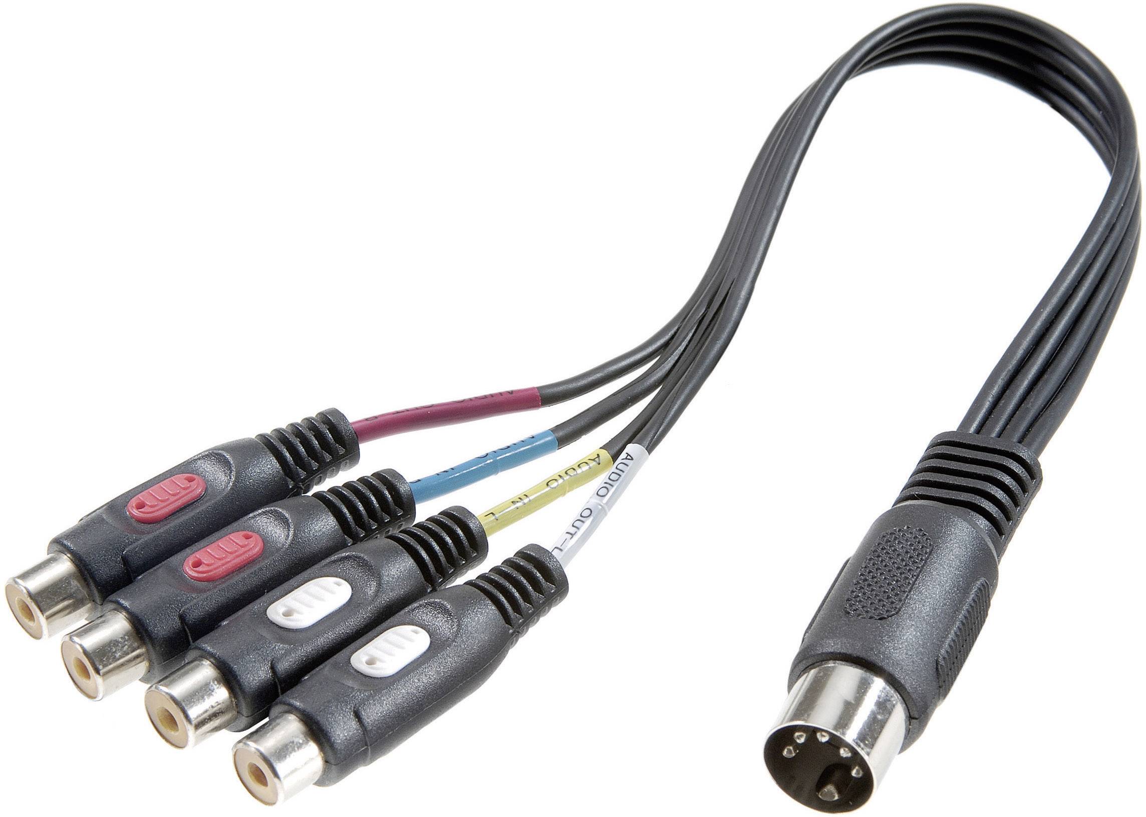 Ein Adapterkabel mit einem vierpoligen Stecker, der sich in vier farblich markierte RCA-Buchsen aufteilt, zum Anschließen von Audio/Video-Geräten.