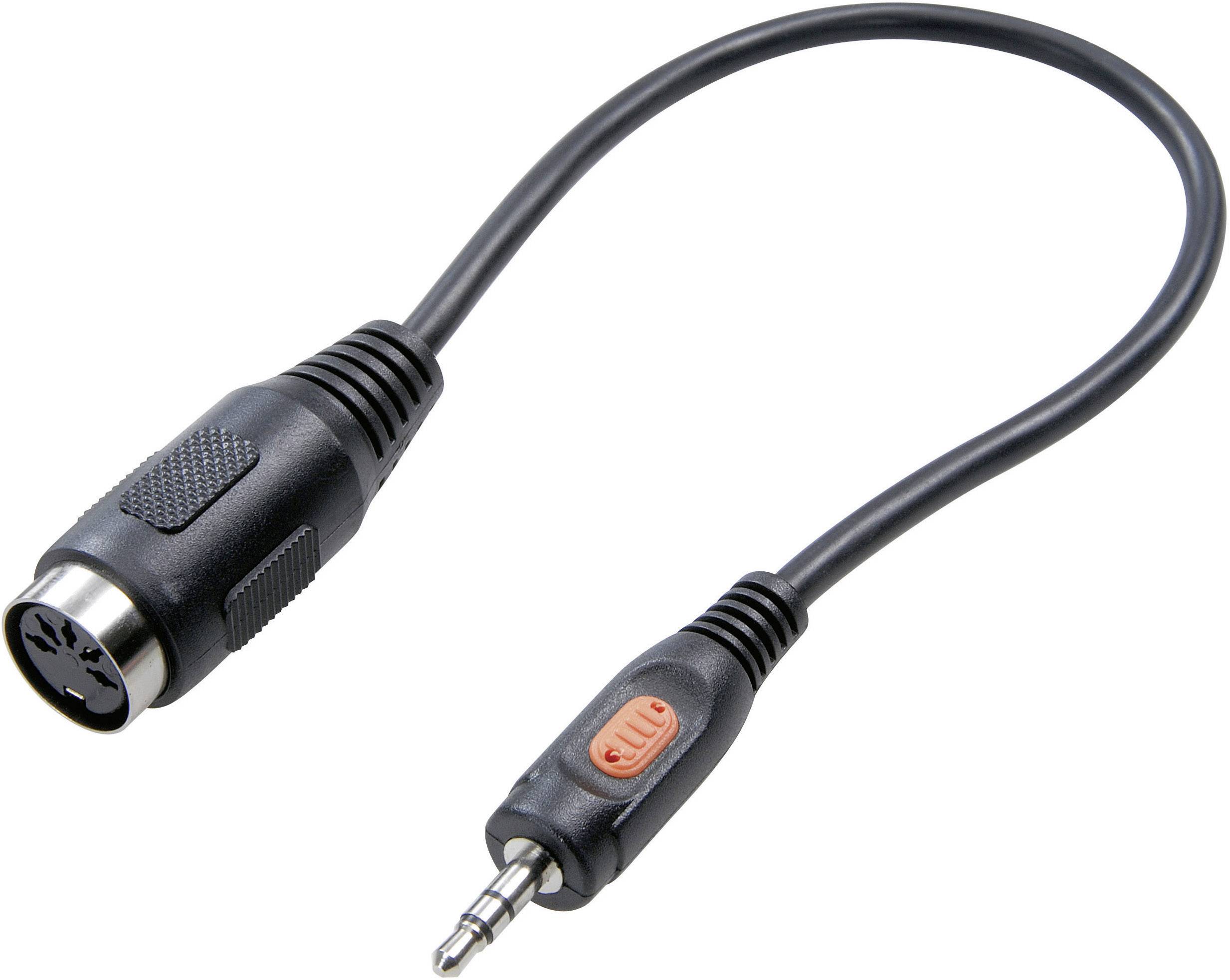 Schwarzes Audiokabel mit einem 3,5-mm-Klinkenstecker auf der einen Seite und einem runden DIN-Stecker auf der anderen Seite.