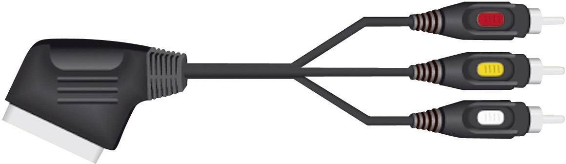 Ein SCART-Adapterkabel mit drei RCA-Steckern in rot, gelb und weiß, dient zur Verbindung von Video- und Audiosignalen zwischen Geräten.