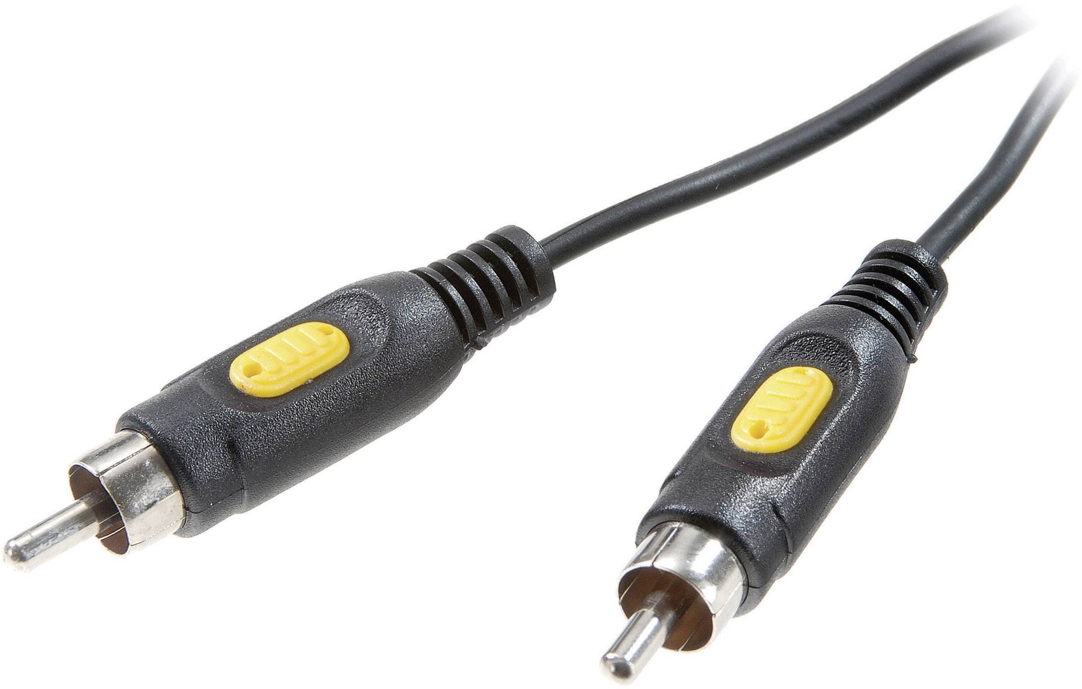 Zwei schwarze RCA-Stecker mit gelben Markierungen, die für Audio- und Videoverbindungen verwendet werden.
