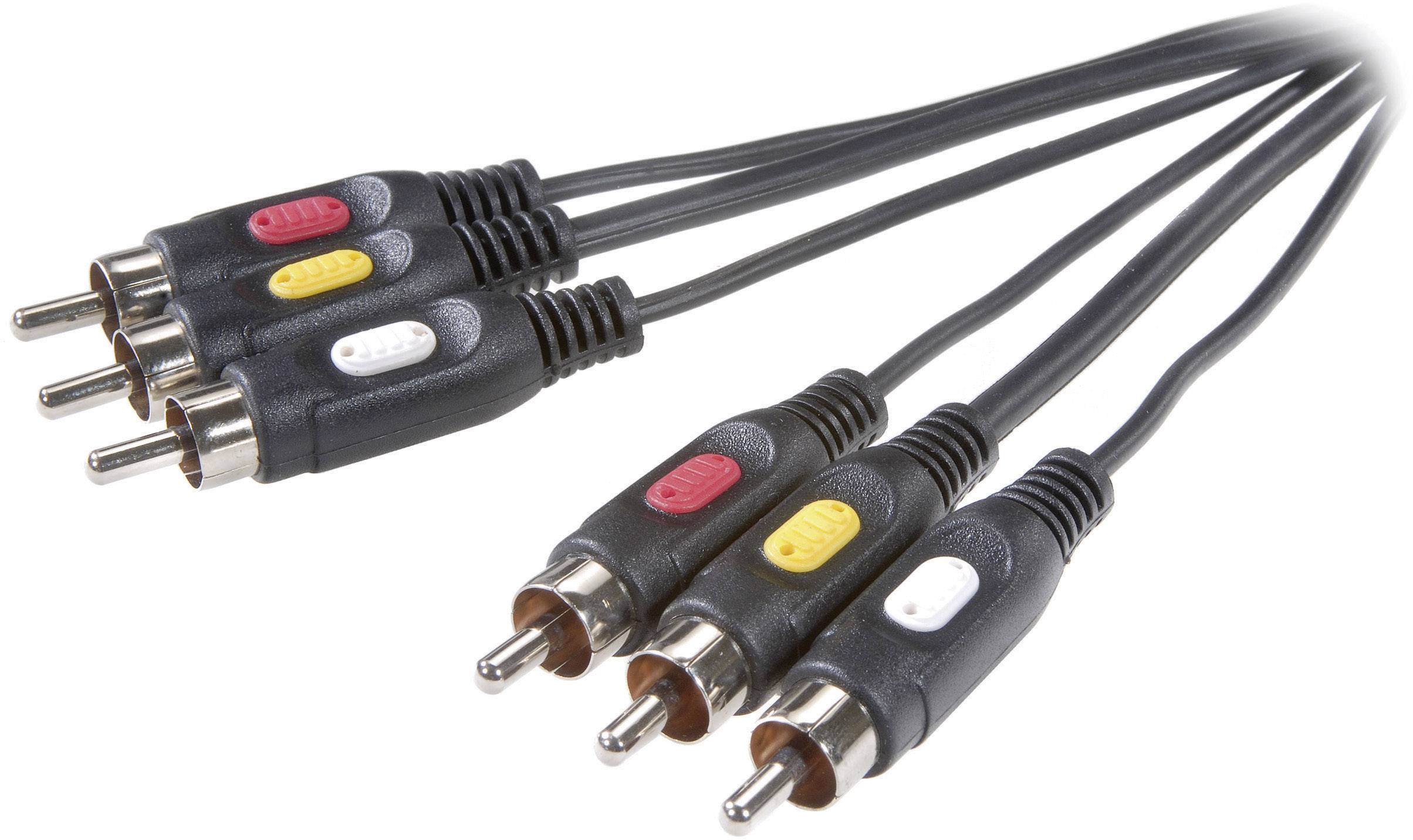 Fünf zusammengesetzte Cinch-Stecker in den Farben Rot, Gelb und Weiß, die zur Übertragung von Audio- und Videosignalen dienen.