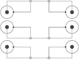 Schaltplan mit zwei parallelen Schaltkreisen. Jeder Kreis hat zwei verbundene Kreise mit Linien, die Verbindungen darstellen.