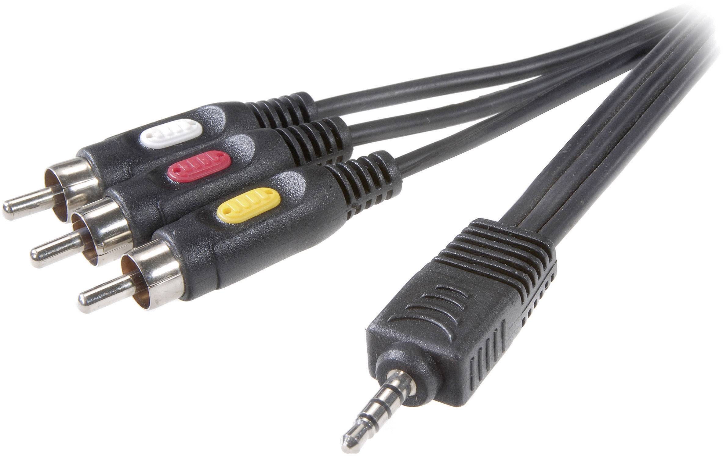 Mehrere Cinch-Stecker in den Farben Rot, Weiß und Gelb, verbunden mit einem 3,5-mm-Klinkenstecker.