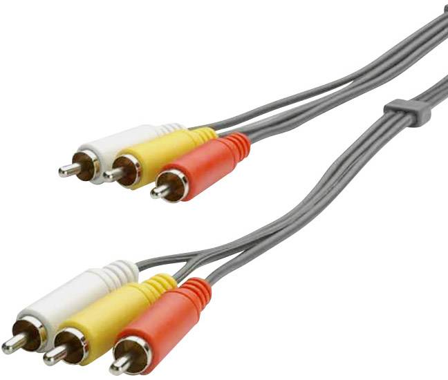 Drei RCA Kabelenden in den Farben Gelb, Weiß und Rot, verwendet zur analogen Audio- und Videoübertragung.