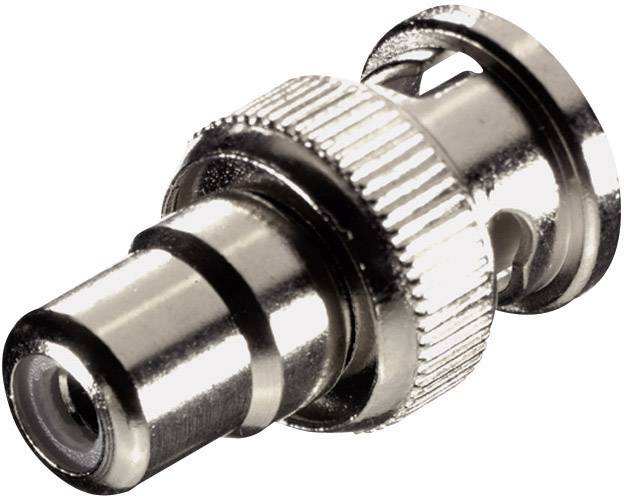 Ein silberner Koaxialadapter mit geriffeltem Schraubverschluss, verwendet zur Verbindung von Koaxialkabeln in elektronischen Geräten.