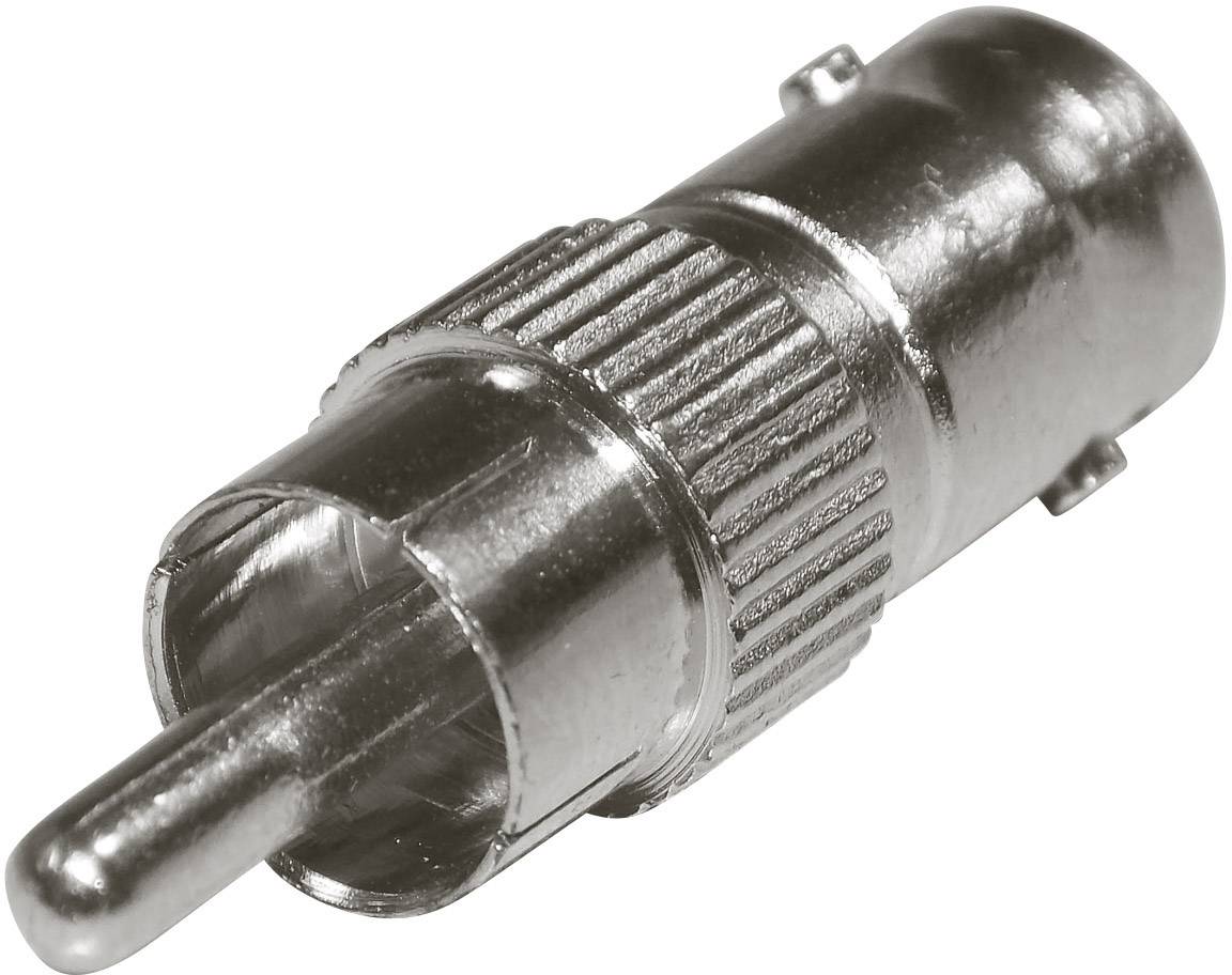 Metallischer Adapter, RCA-Stecker. Verwendet zum Verbinden von Audiogeräten. Silberne Farbe, runde Form mit einem mittigen Pin.