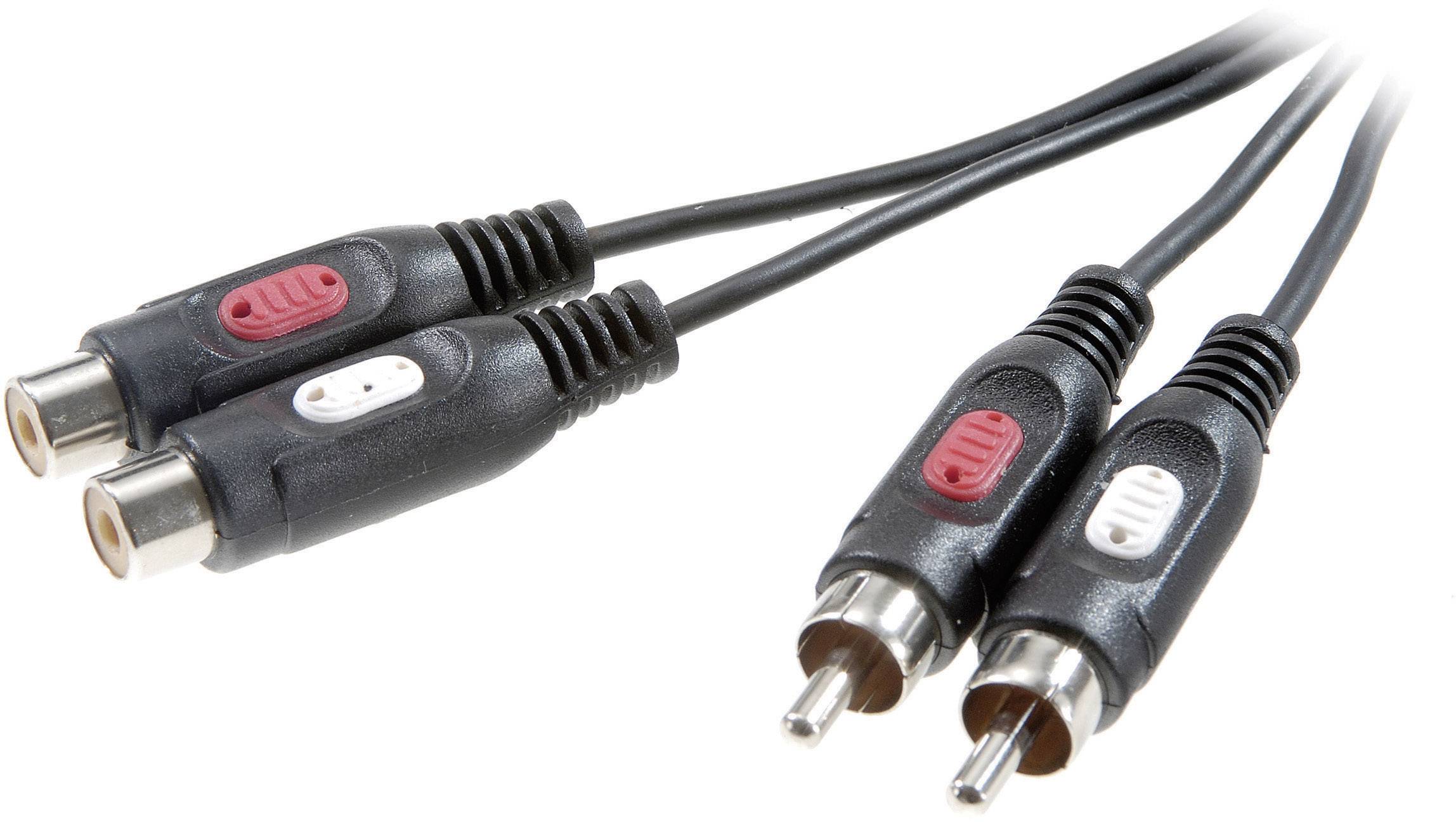 Das Bild zeigt ein Paar schwarze Cinch-Kabel, ein männliches und ein weibliches Steckerpaar, mit roten und weißen Markierungen.