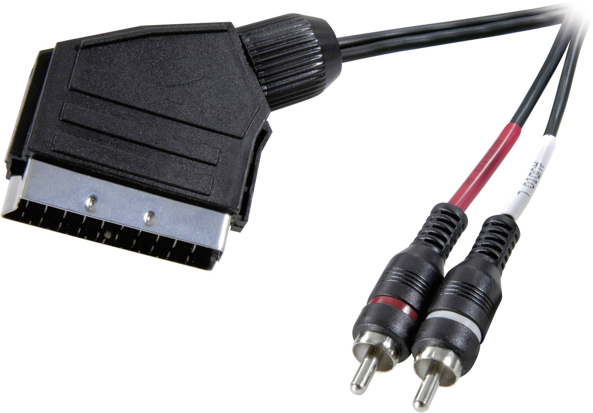 Ein SCART-Stecker verbunden mit zwei Cinch-Steckern, die für Audio- und Videosignale verwendet werden.
