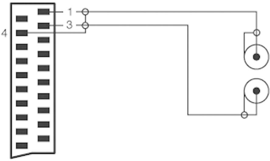 Schaltplan: Anschluss eines Elektronikbauteils mit 16-Pin-Verbindung an zwei runde Sensoren auf der rechten Seite.