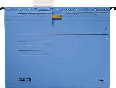 Blaue Hängemappe mit der Aufschrift 'Leitz' unten links. Sie hat nummerierte Reiter oben und horizontale Linien für Beschriftungen.
