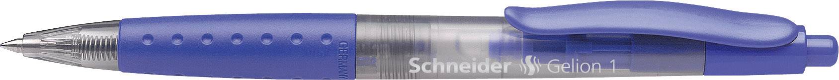Ein blauer Kugelschreiber mit transparenter Mitte und blauem Clip. Aufschrift 'Schneider Gelion 1' auf dem Gehäuse sichtbar.
