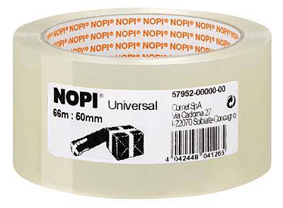 Klebeband von Marke Nopi, durchsichtig, 66m lang und 60mm breit, mit Produktinformationen auf der Verpackung.