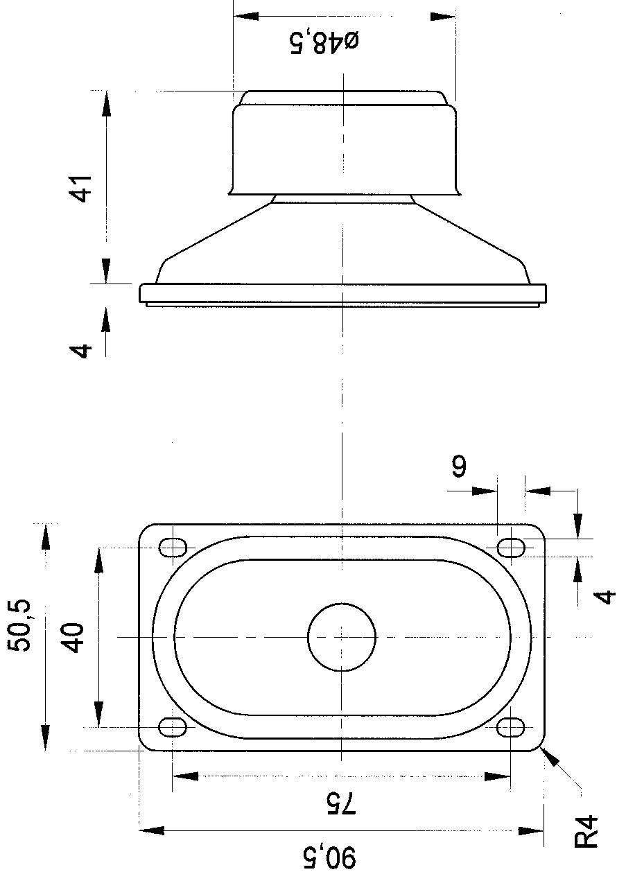 Technische Zeichnung eines Lautsprechers mit Maßen: Durchmesser 48,5 mm, Höhe 41 mm, Breite 90,5 mm, Höhe 50,5 mm.