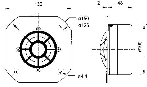Technische Zeichnung eines Lüfters mit seitlicher und frontaler Ansicht. Maße: 130 mm Breite, 48 mm Tiefe, 100 mm Durchmesser.