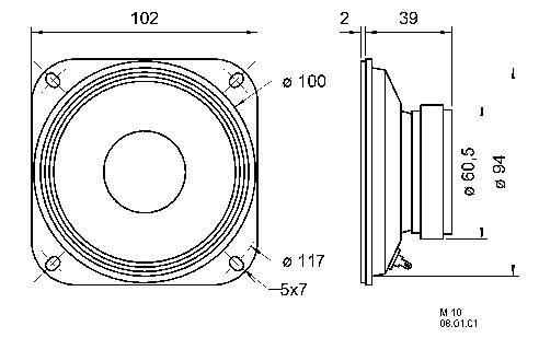 Technische Zeichnung eines Lautsprechers, Vorder- und Seitenansicht, mit angegebenen Maßzahlen in Millimetern, z.B., 102 mm Breite.