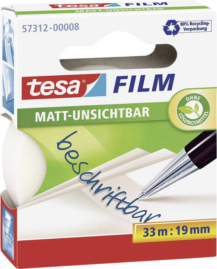 Eine Verpackung von Tesa Film, 33 m x 19 mm, matt und unsichtbar mit der Aufschrift 'beschriftbar', Lösungsmittelfrei, Recycling-Verpackung.