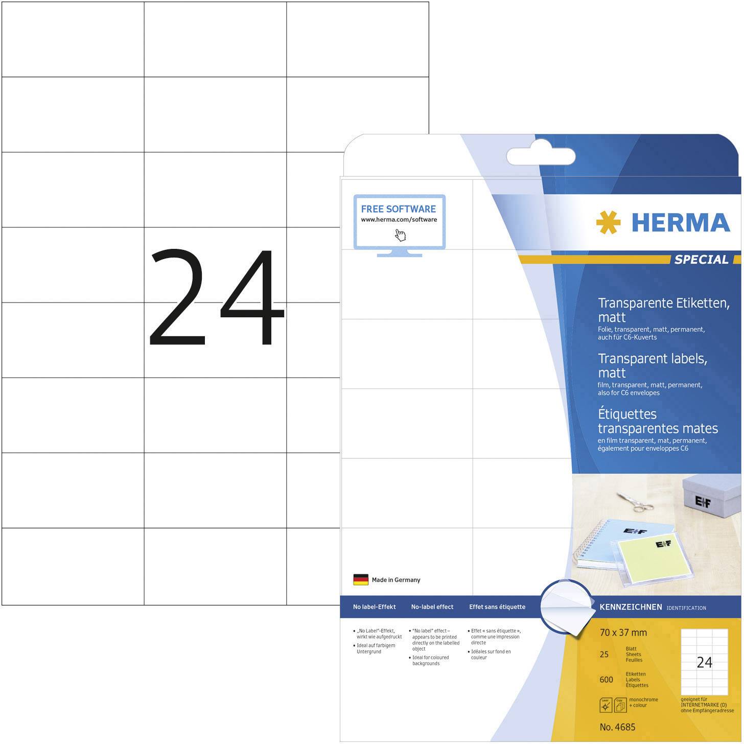 Herma Verpackung für transparente Etiketten, matt. Zeigt Etikettenbogen mit 24 Etiketten. Softwarehinweis: 'Free Software.' Made in Germany.