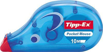 Korrekturroller mit blauem Gehäuse und roter Spitze, Marke 'Tipp-Ex Pocket Mouse', mit einer Länge von 10 Metern.