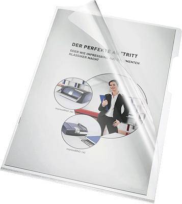 Broschüre über Ordner und Präsentation: 'Der perfekte Auftritt'. Zeigt Büroartikel und eine Person in formeller Kleidung.