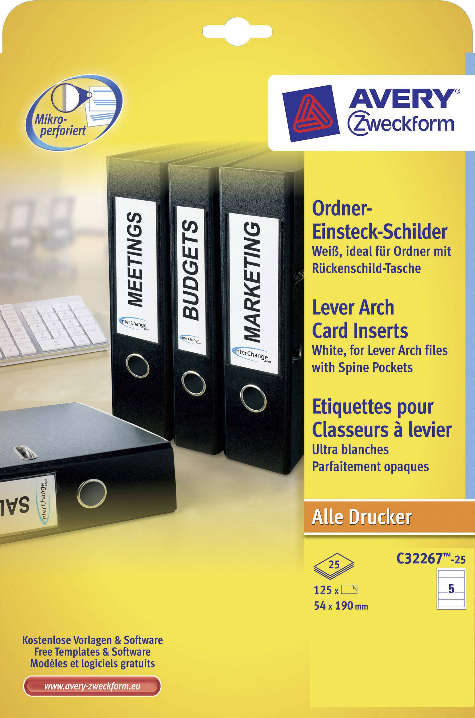 Ordnerrückenschilder 54x190mm zum Einstecken VE=125 Stück weiß