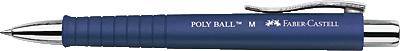 Ein blauer Kugelschreiber mit der Aufschrift 'POLY BALL M' und dem Logo von Faber-Castell, Kappe mit Clip.