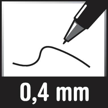 Stiftspitze mit geschwungener Linie. Text: '0,4 mm'.