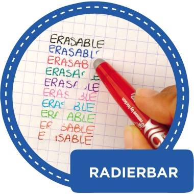 Eine Hand radiert buntes 'ERASABLE' auf kariertem Papier mit einem roten Stift. Darunter ein blauer Kreis mit dem Wort 'RADIERBAR'.
