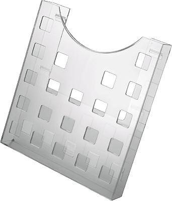Ein transparenter, stehender Briefhalter aus Kunststoff mit quadratischen Aussparungen auf der Vorderseite.