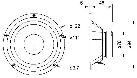 Technische Zeichnung eines Lautsprechers: Vorderansicht und Seitenansicht mit Maßen. Durchmesser 122 mm, Tiefe 48 mm.