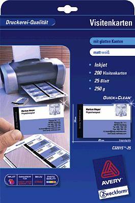 Avery-Zweckform C32015-25 Bedruckbare Visitenkarten, glatte Kanten 85 x 54mm Weiß 200 St. Papierformat: DIN A4