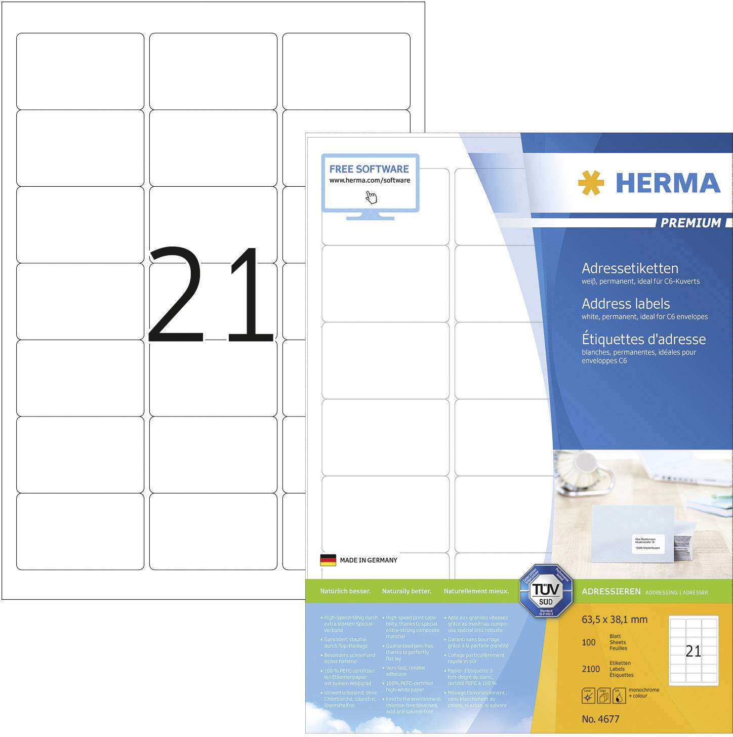 Herma 4677 Universal-Etiketten 63.5 x 38.1 mm Papier Weiß 2100 St. Permanent haftend Tintenstrahldrucker, Laserdrucker, Farblaserdrucker, Kopierer