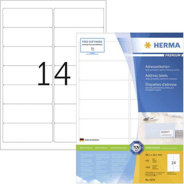 Herma 4678 Adress-Etiketten 99.1 x 38.1mm Papier Weiß 1400 St. Permanent haftend Tintenstrahldrucker, Laserdrucker