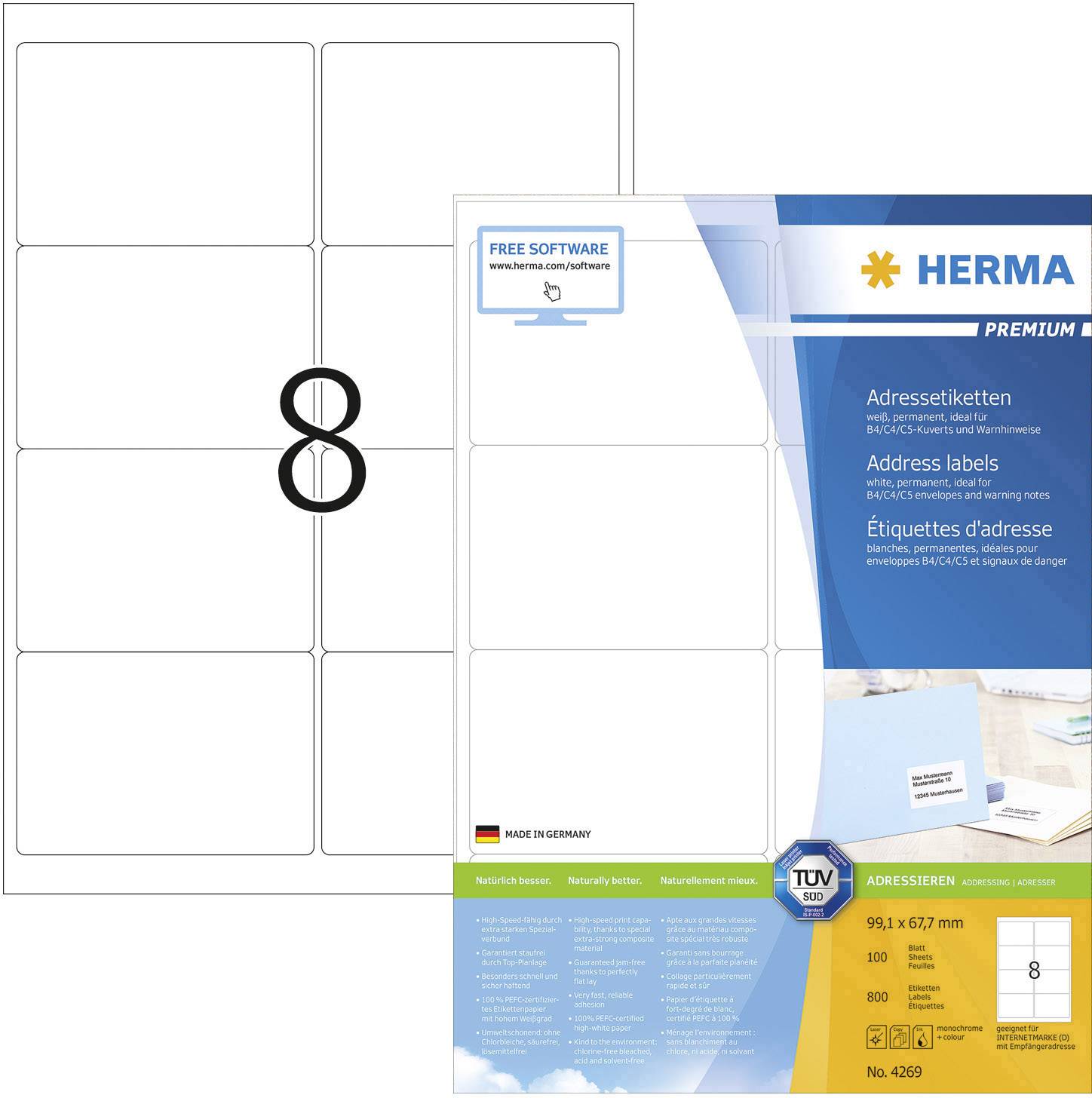 Herma 4269 Adress-Etiketten 99.1 x 67.7 mm Papier Weiß 800 St. Permanent haftend Tintenstrahldrucker, Laserdrucker, Farblaserdrucker, Kopierer