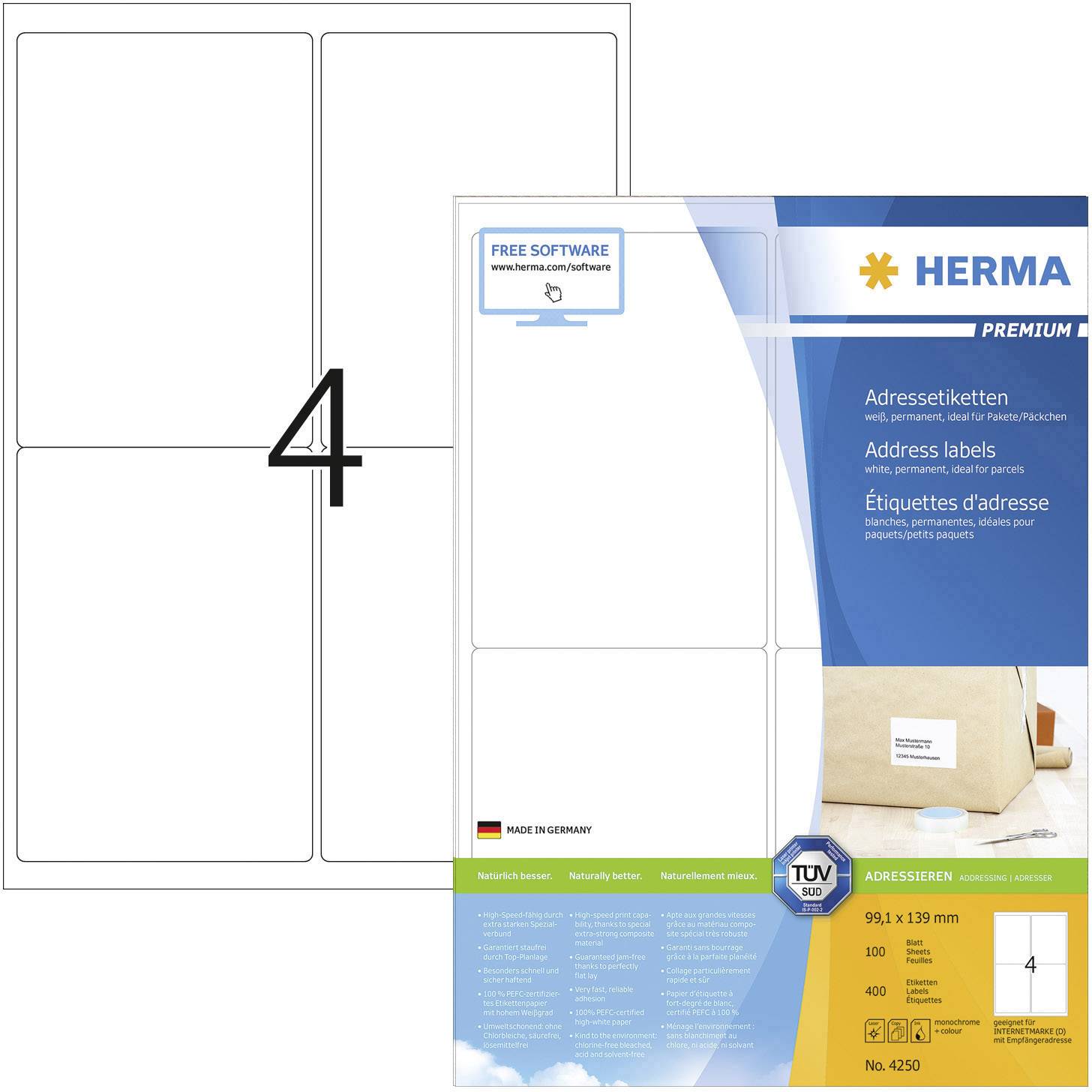 Herma 4250 Adress-Etiketten 99.1 x 139 mm Papier Weiß 400 St. Permanent haftend Tintenstrahldrucker, Laserdrucker, Farblaserdrucker, Kopierer
